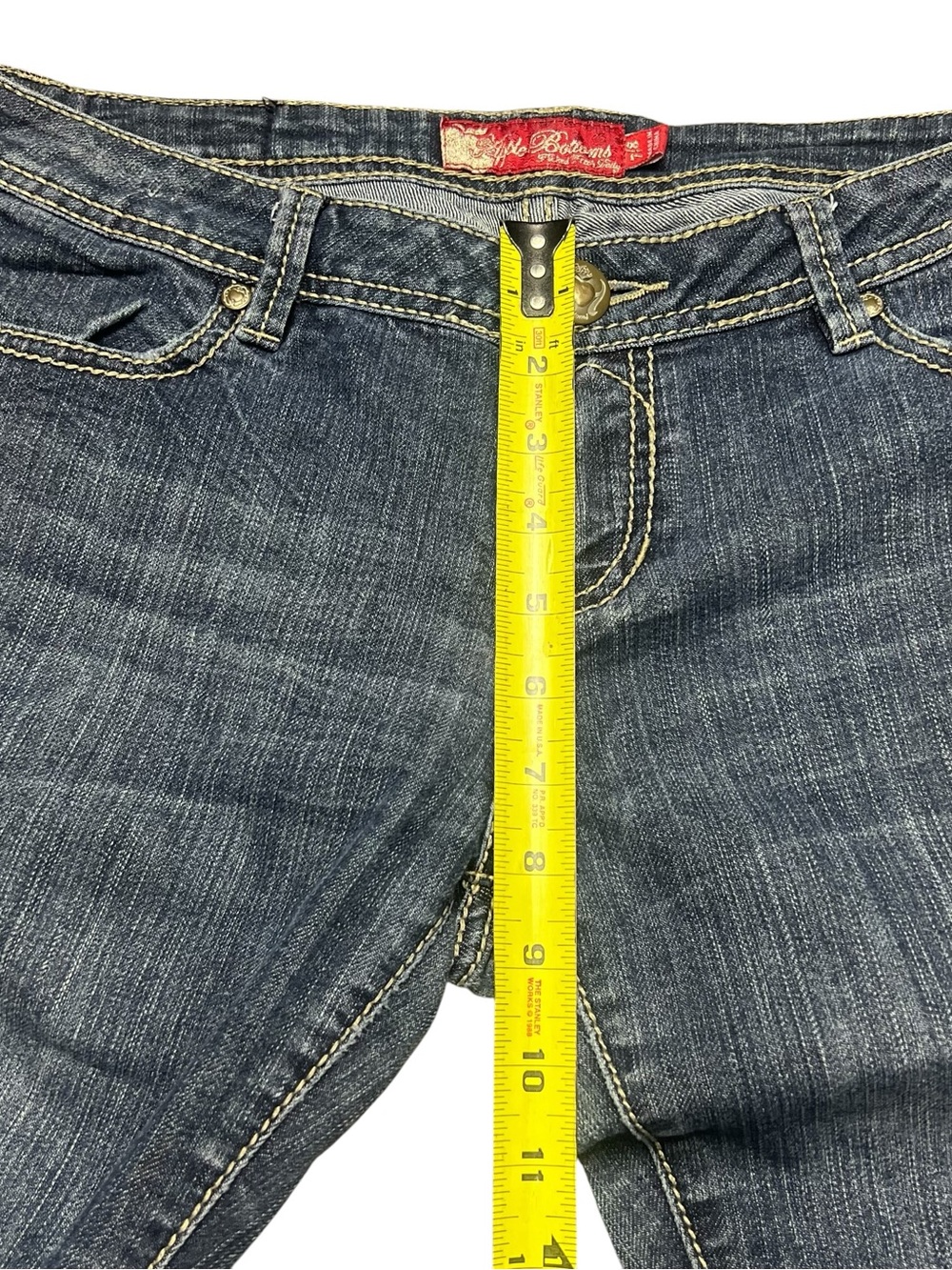 Y2K Apple Bottoms Low Rise Studded Dark Indigo Jeans Red Brand Label Size 7/8 M - Picture 7 of 8